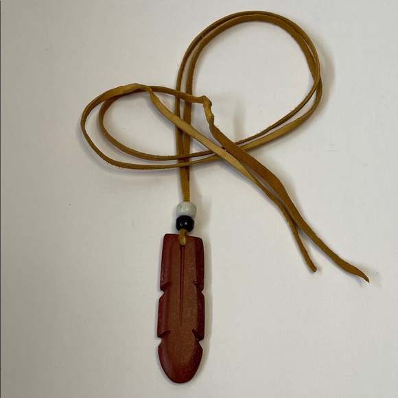 Jewelry - Hand-carved Feather pendant Leather Cord Necklace with Red Feather Pendant.